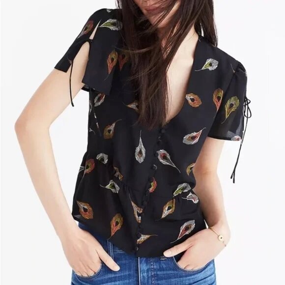 Madewell Silk top peacock feathers Alexa Chung blouse top cocktail button - Picture 1 of 4